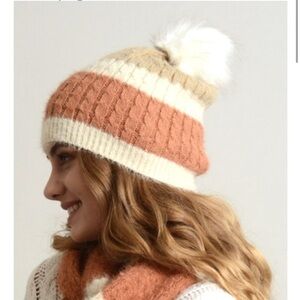 NEW Boutique Ultra Soft Mohair Stripe Cable Knit Cream Coral Tan Beanie Pompom